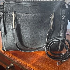 Calvin Klein Black Leather Satchel with Silver Accents